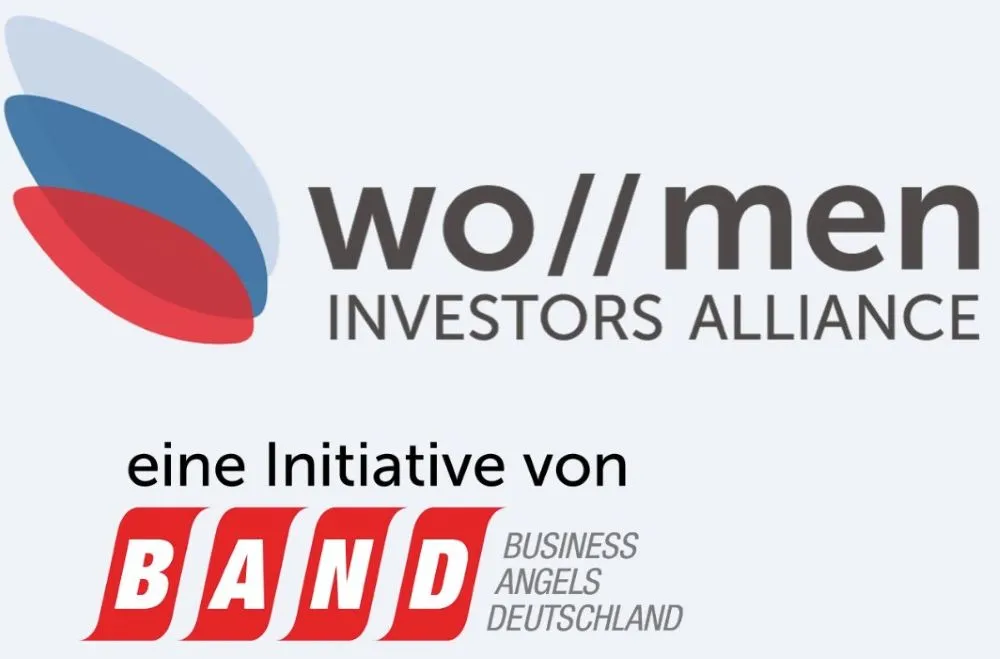 Logo mit stilisierten blauen und roten Formen neben dem Schriftzug 'wo//men INVESTORS ALLIANCE' und darunter der Text 'eine Initiative von' sowie das Logo von 'BAND BUSINESS ANGELS DEUTSCHLAND' in roter und schwarzer Schrift