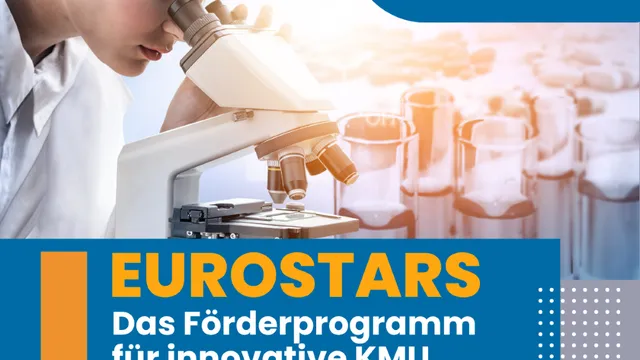 Frau blickt durch ein Mikroskop, daneben Text zu einem Online-Event am 28. April 2026 von 11 bis 12 Uhr über das Förderprogramm EUROSTARS für innovative KMU