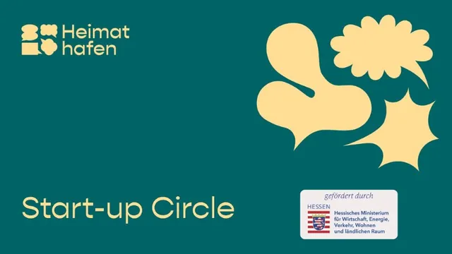Vier abstrakte, organische Formen in gelb auf grünem Hintergrund mit dem Text 'Start-up Circle' und einem Logo des Hessischen Ministeriums für Wirtschaft, Energie, Verkehr, Wohnen und ländlichen Raum