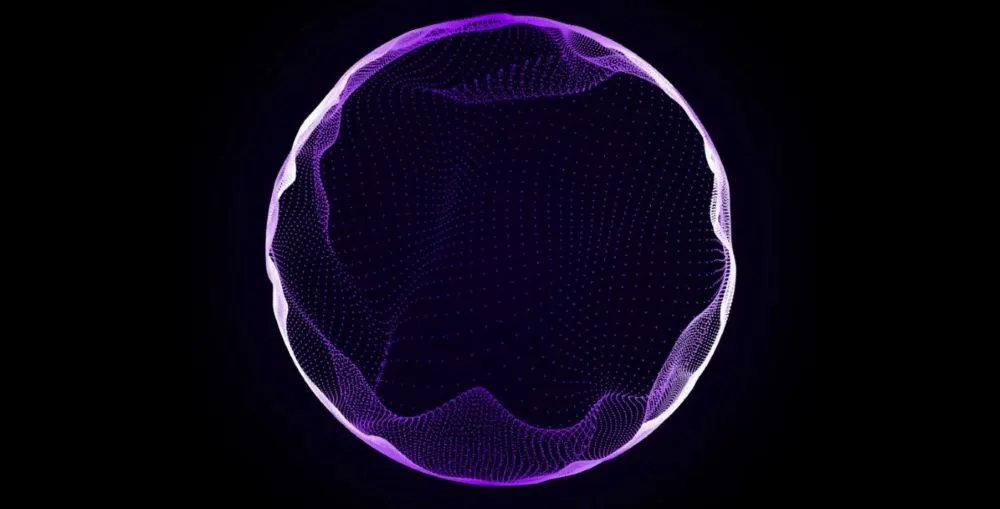 Leuchtender lila Kreis aus feinen Punkten und Linien auf schwarzem Hintergrund