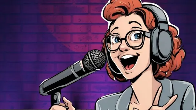 Illustration einer Person mit roten Locken, die Kopfhörer trägt und vor einem Mikrofon spricht