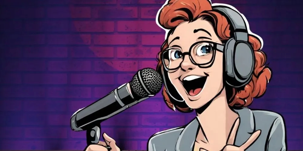 Illustration einer Person mit roten Locken, die Kopfhörer trägt und vor einem Mikrofon spricht
