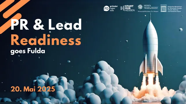 Start einer Rakete vor dunklem Himmel mit Text 'PR & Lead Readiness goes Fulda, 20. Mai 2025' und Logos von Förderern oben