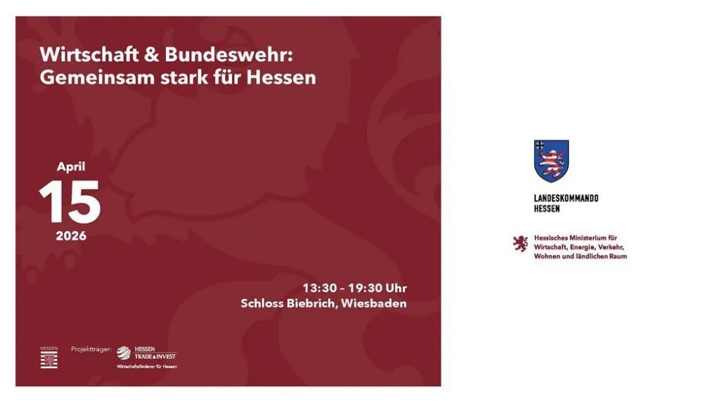 Rotes Plakat mit weißer Schrift zu einer Veranstaltung am 15. April 2026 von 13:30 bis 19:30 Uhr im Schloss Biebrich Wiesbaden mit Logos des Landeskommandos Hessen und des Hessischen Ministeriums für Wirtschaft, Energie, Verkehr, Wohnen und ländlichen Rau