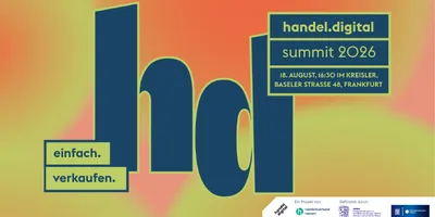 Plakat mit dunkelblauem Schriftzug "hd" und Textfeldern mit den Worten 'einfach. verkaufen.' sowie Informationen zum handel.digital summit 2026 am 18. August in Frankfurt