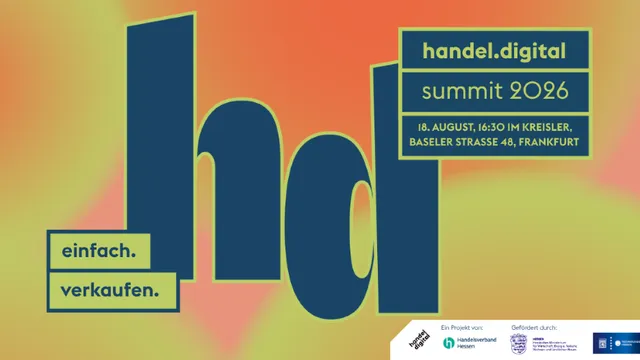 Plakat mit dunkelblauem Schriftzug "hd" und Textfeldern mit den Worten 'einfach. verkaufen.' sowie Informationen zum handel.digital summit 2026 am 18. August in Frankfurt