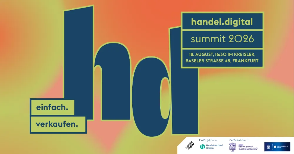 Plakat mit dunkelblauem Schriftzug "hd" und Textfeldern mit den Worten 'einfach. verkaufen.' sowie Informationen zum handel.digital summit 2026 am 18. August in Frankfurt