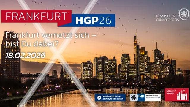 Skyline von Frankfurt am Main bei Sonnenuntergang mit Text 'FRANKFURT HGP26 Frankfurt vernetzt sich – bist Du dabei? 18.02.2026' und Logos von Handwerkskammer Frankfurt-Rhein-Main, IHK, Wirtschaftsrat Frankfurt