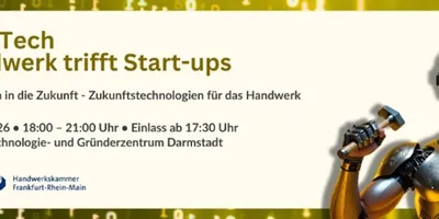 Plakat mit Text zu einer Veranstaltung von CraftTech und Handwerk trifft Start-ups am 7. Mai 2026 im HUB31 Technologie- und Gründerzentrum Darmstadt, rechts eine Person mit Mikrofon und Kopfhörern
