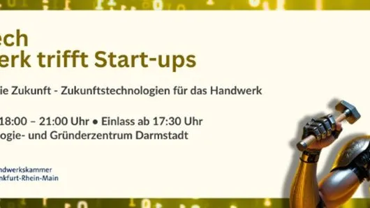 Plakat mit Text zu einer Veranstaltung von CraftTech und Handwerk trifft Start-ups am 7. Mai 2026 im HUB31 Technologie- und Gründerzentrum Darmstadt, rechts eine Person mit Mikrofon und Kopfhörern