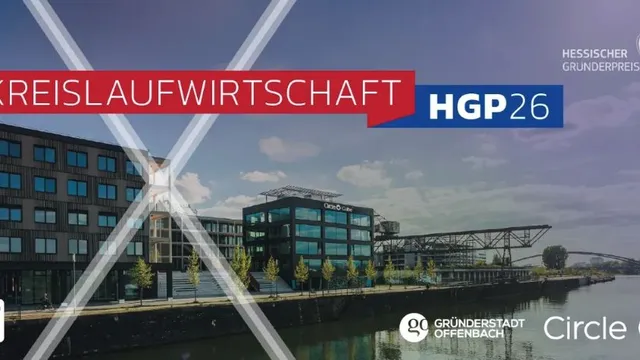 Blick auf moderne Bürogebäude mit Glasfassaden unter blauem Himmel, darüber rote Schrift 'KREISLAUFWIRTSCHAFT' und blaues Feld mit 'HGP26'