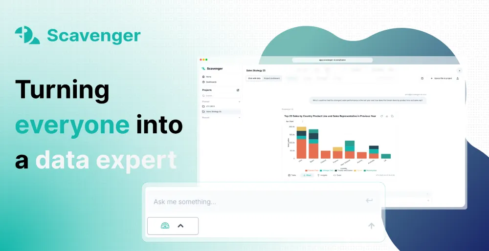 Scavenger-Logo und Text 'Turning everyone into a data expert' neben einem Dashboard mit bunten Balkendiagrammen und einer Suchleiste