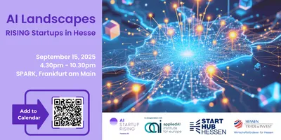 Grafik mit dem Titel 'AI Landscapes', zeigt eine digitale Karte von Deutschland mit leuchtenden Punkten. Text: 'RISING Startups in Hesse', Datum: 15. September 2025, 16:30 - 22:30, SPARK, Frankfurt am Main.
