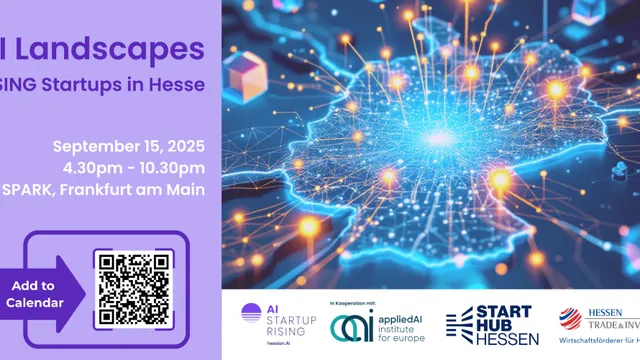 Grafik mit dem Titel 'AI Landscapes', zeigt eine digitale Karte von Deutschland mit leuchtenden Punkten. Text: 'RISING Startups in Hesse', Datum: 15. September 2025, 16:30 - 22:30, SPARK, Frankfurt am Main.