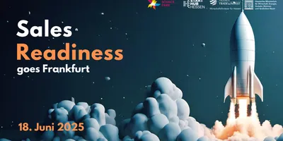 Werbeplakat für Sales Readiness Event in Frankfurt am 18. Juni 2025 mit einer startenden Rakete und Logos von Hessen Trade & Invest, Start Hub Hessen und Science Park