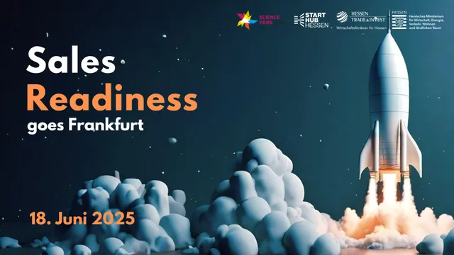 Werbeplakat für Sales Readiness Event in Frankfurt am 18. Juni 2025 mit einer startenden Rakete und Logos von Hessen Trade & Invest, Start Hub Hessen und Science Park