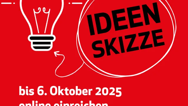 Plakat mit rotem Hintergrund, schwarzer Schrift 'IDEENSKIZZE', Glühbirne-Symbol, Text: 'bis 6. Oktober 2025 online einreichen'. Logos von Science4Life und Sanofi.