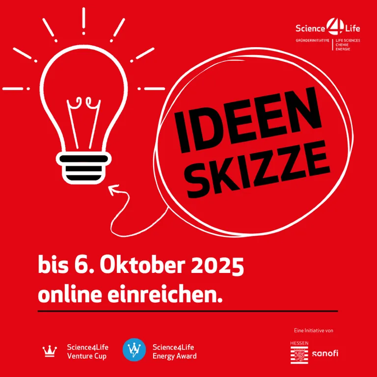 Plakat mit rotem Hintergrund, schwarzer Schrift 'IDEENSKIZZE', Glühbirne-Symbol, Text: 'bis 6. Oktober 2025 online einreichen'. Logos von Science4Life und Sanofi.