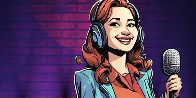 Comicartige Darstellung einer Frau mit langen roten Haaren, die Kopfhörer trägt und ein Mikrofon hält, vor einer lila Backsteinwand