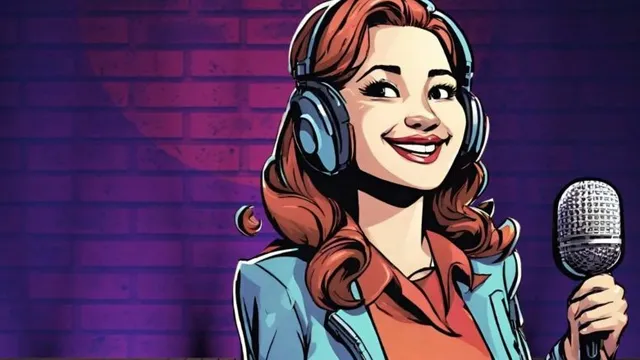 Comicartige Darstellung einer Frau mit langen roten Haaren, die Kopfhörer trägt und ein Mikrofon hält, vor einer lila Backsteinwand