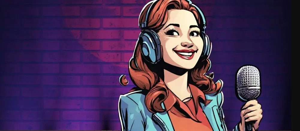 Comicartige Darstellung einer Frau mit langen roten Haaren, die Kopfhörer trägt und ein Mikrofon hält, vor einer lila Backsteinwand