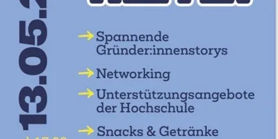 Plakat für Gründer:innen Treffen am 13.05.2025 ab 17 Uhr mit spannenden Gründer:innestorys, Networking, Unterstützungsangebote der Hochschule, Snacks und Getränke in Wiesbaden