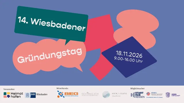 Bunte Sprechblasen mit Texten zu einem Gründungstag in Wiesbaden am 18.11.2026 von 9 bis 16 Uhr sowie Logos von Veranstaltern und Partnern am unteren Bildrand