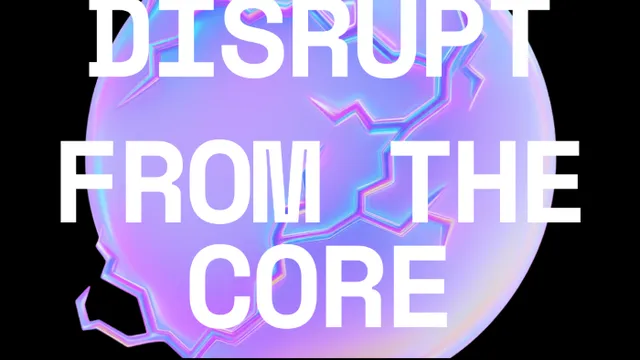 Plakat mit dem Text 'SAVE THE DATE 20.-21.10.26 DISRUPT FROM THE CORE Festival für Innovation und Transformation' vor einem violett-bläulichen, zerbrochenen Kugelhintergrund auf schwarzem Grund