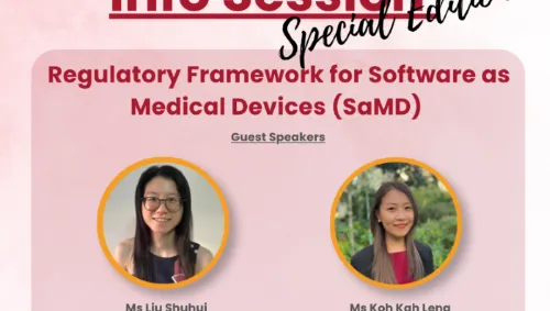 Plakat für eine Online-Infoveranstaltung zu regulatorischen Rahmenbedingungen für Software als Medizinprodukt mit Fotos von zwei Sprecherinnen und Veranstaltungsdetails.