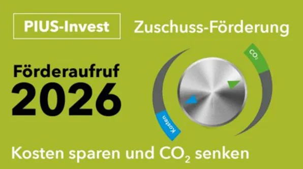 Grünes Plakat mit dem Text 'PIUS-Invest Zuschuss-Förderung Förderaufruf 2026 Kosten sparen und CO2 senken' und einem runden Diagramm mit den Segmenten 'Kohlen' und 'CO2'