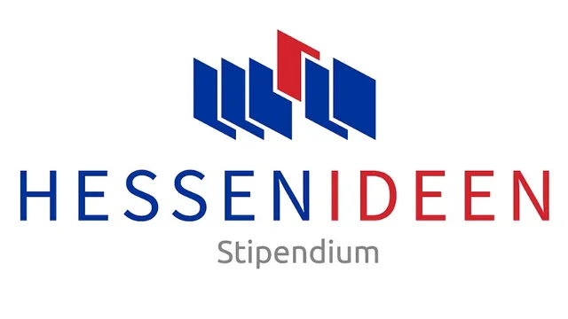 Logo mit fünf stilisierten blauen und einem roten aufrechten Rechteck über dem Schriftzug 'HESSENIDEEN Stipendium'