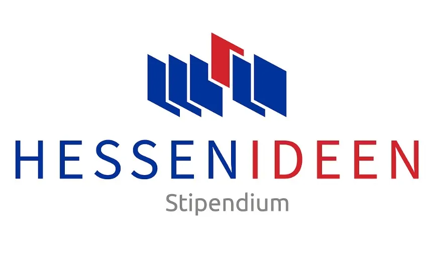 Logo mit fünf stilisierten blauen und einem roten aufrechten Rechteck über dem Schriftzug 'HESSENIDEEN Stipendium'