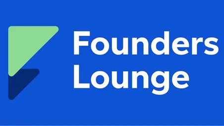 Logo der Founders Lounge mit grünem und dunkelblauem geometrischem Symbol auf blauem Hintergrund