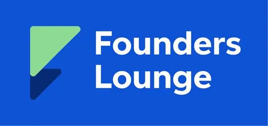 Logo der Founders Lounge mit grünem und dunkelblauem geometrischem Symbol auf blauem Hintergrund