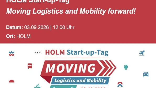 Plakat mit Ankündigung des HOLM Start-up-Tags am 3. September 2026 um 12 Uhr mit dem Motto 'Moving Logistics and Mobility forward!' und verschiedenen Verkehrs- und Logistiksymbolen
