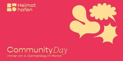 Der Heimathafen Wiesbaden lädt zum Community Day, jeden vierten Donnerstag im Monat, ein. Auf dem Bild ist das Logo des Heimathafes abgebildet sowie Sprechblasen.