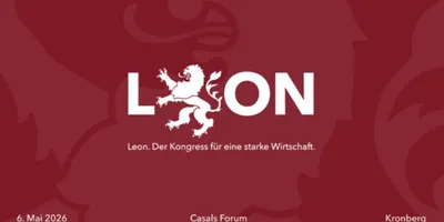 Weißer Schriftzug 'L ON' mit einem stilisierten Löwen zwischen L und O auf rotem Hintergrund, darunter der Text 'Leon. Der Kongress für eine starke Wirtschaft.' sowie Datum '6. Mai 2026', Veranstaltungsort 'Casals Forum' und Ort 'Kronberg'