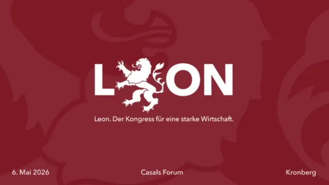 Weißer Schriftzug 'L ON' mit einem stilisierten Löwen zwischen L und O auf rotem Hintergrund, darunter der Text 'Leon. Der Kongress für eine starke Wirtschaft.' sowie Datum '6. Mai 2026', Veranstaltungsort 'Casals Forum' und Ort 'Kronberg'