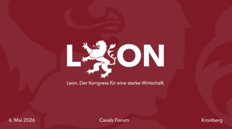 Weißer Schriftzug 'L ON' mit einem stilisierten Löwen zwischen L und O auf rotem Hintergrund, darunter der Text 'Leon. Der Kongress für eine starke Wirtschaft.' sowie Datum '6. Mai 2026', Veranstaltungsort 'Casals Forum' und Ort 'Kronberg'