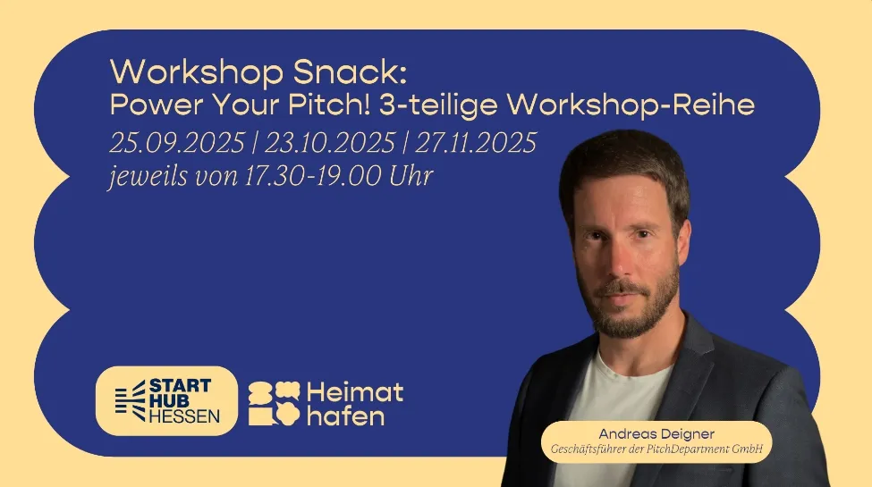 Mann in dunklem Sakko und hellem T-Shirt vor blauem Hintergrund mit Text zu Workshop-Terminen und Logos von Start Hub Hessen und Heimathafen.