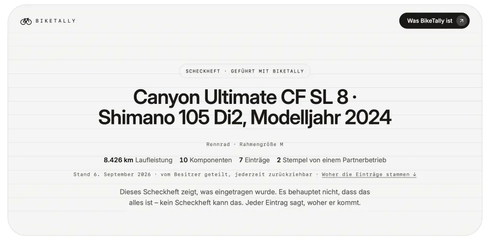 Screenshot einer Webseite mit dem Titel 'Canyon Ultimate CF SL 8 · Shimano 105 Di2, Modelljahr 2024' und Angaben zu Laufleistung, Komponenten, Einträgen und Stempeln in einem Scheckheft von BikeTally