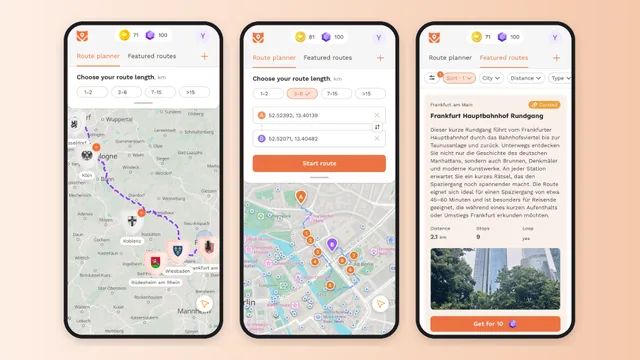 Drei Smartphone-Bildschirme zeigen eine Routenplaner-App mit Karten, Routenoptionen und einer Tourbeschreibung in deutscher Sprache