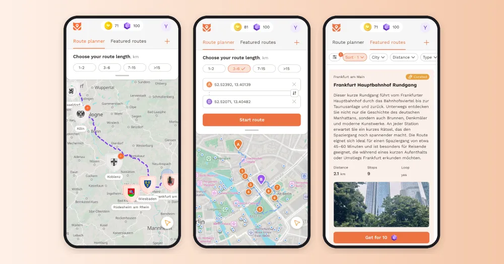 Drei Smartphone-Bildschirme zeigen eine Routenplaner-App mit Karten, Routenoptionen und einer Tourbeschreibung in deutscher Sprache
