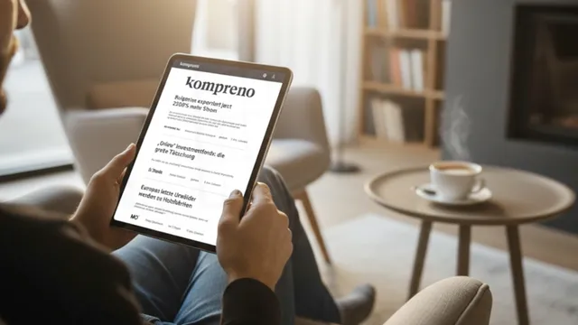 Person sitzt in einem Sessel und hält ein Tablet mit der Webseite 'kompreno' in den Händen