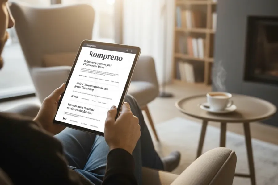 Person sitzt in einem Sessel und hält ein Tablet mit der Webseite 'kompreno' in den Händen