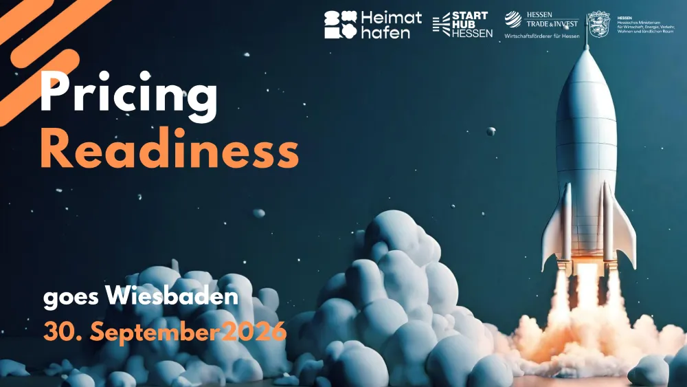 Rakete startet mit Rauchwolken vor dunklem Himmel neben Text 'Pricing Readiness goes Wiesbaden 30. September 2026' und Logos von Heimat Hafen, Start Hub Hessen, Hessen Trade & Invest