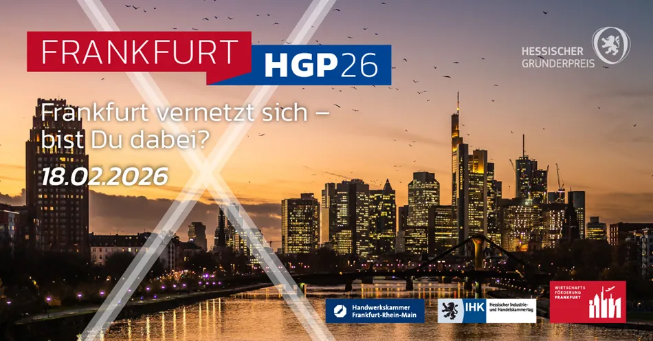 Skyline von Frankfurt am Main bei Sonnenuntergang mit Text und Logos zum Hessischen Gründerpreis 2026