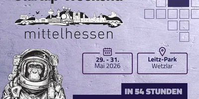Illustration eines Schimpansen im Raumanzug neben dem Text 'Startup Weekend mittelhessen' mit Veranstaltungsdaten '29. - 31. Mai 2026' und Ort 'Leitz-Park Wetzlar' auf violettem Hintergrund