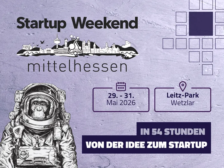 Illustration eines Schimpansen im Raumanzug neben dem Text 'Startup Weekend mittelhessen' mit Veranstaltungsdaten '29. - 31. Mai 2026' und Ort 'Leitz-Park Wetzlar' auf violettem Hintergrund