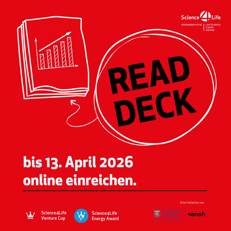 Rote Grafik mit weißer Zeichnung eines Diagramms und dem Text 'READ DECK' sowie dem Hinweis 'bis 13. April 2026 online einreichen' und Logos von Science4Life, Sanofi und einer Universität